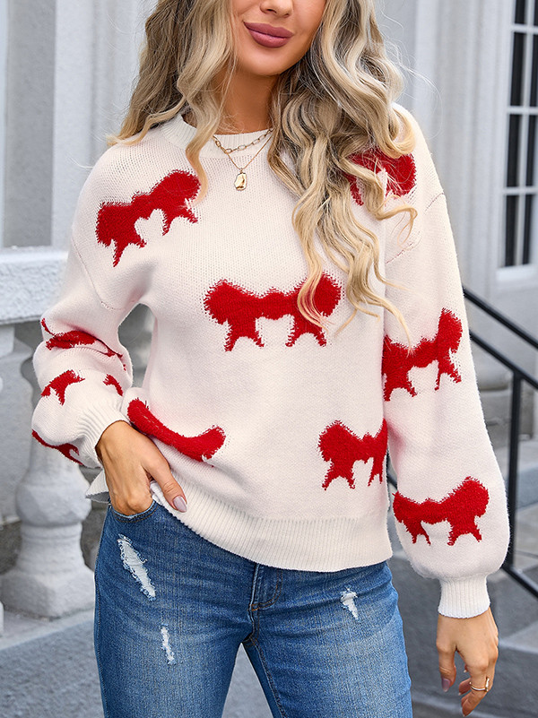 Long Sleeves Loose Bow-Embellished Split-Joint Round-Neck Pullovers Sweater Tops