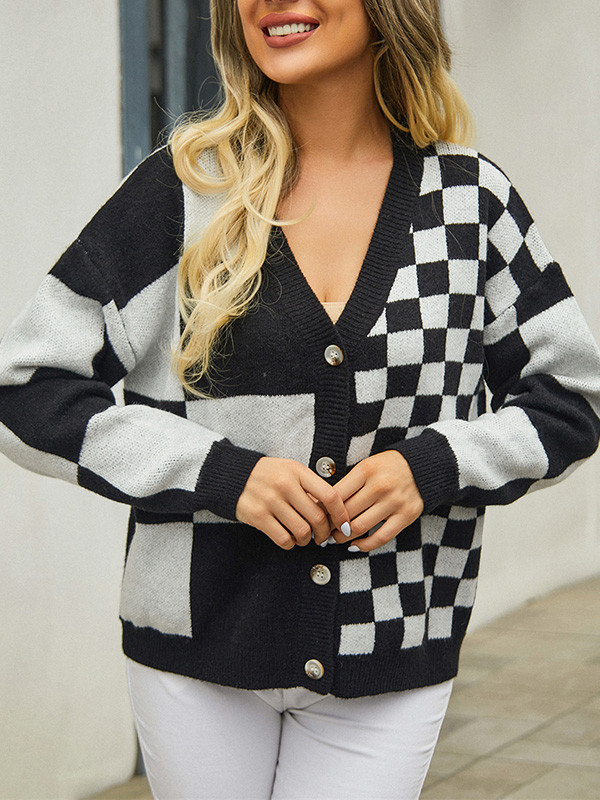 Long Sleeves Loose Buttoned Contrast Color Plaid Split-Joint V-Neck Cardigan Tops