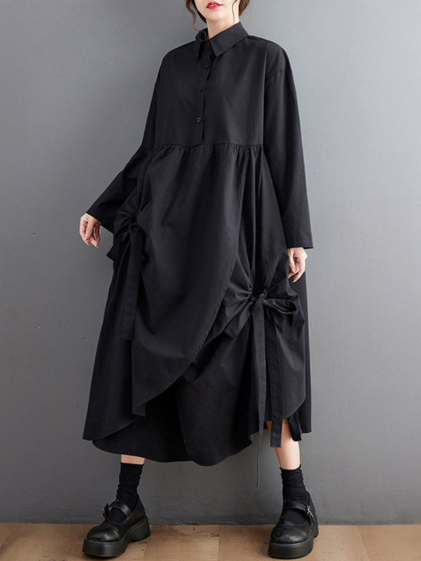 A-Line Long Sleeves Buttoned Pleated Pockets Solid Color Tied Lapel Midi Dresses Shirt Dress