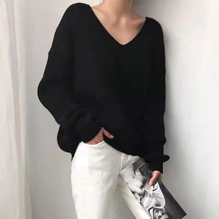 V-Neck Simple Irregular Pullover Sweater