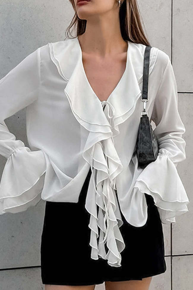 Elegant Solid Color Ruffle V Neck Blouses