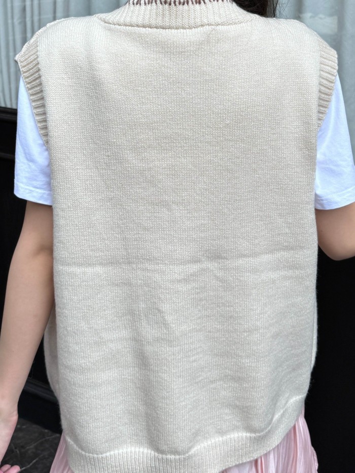 Embroidered Color Block Ribbed Vest, Casual V Neck Button Front Dual Pockets Sweater Vest, Women's Clothing