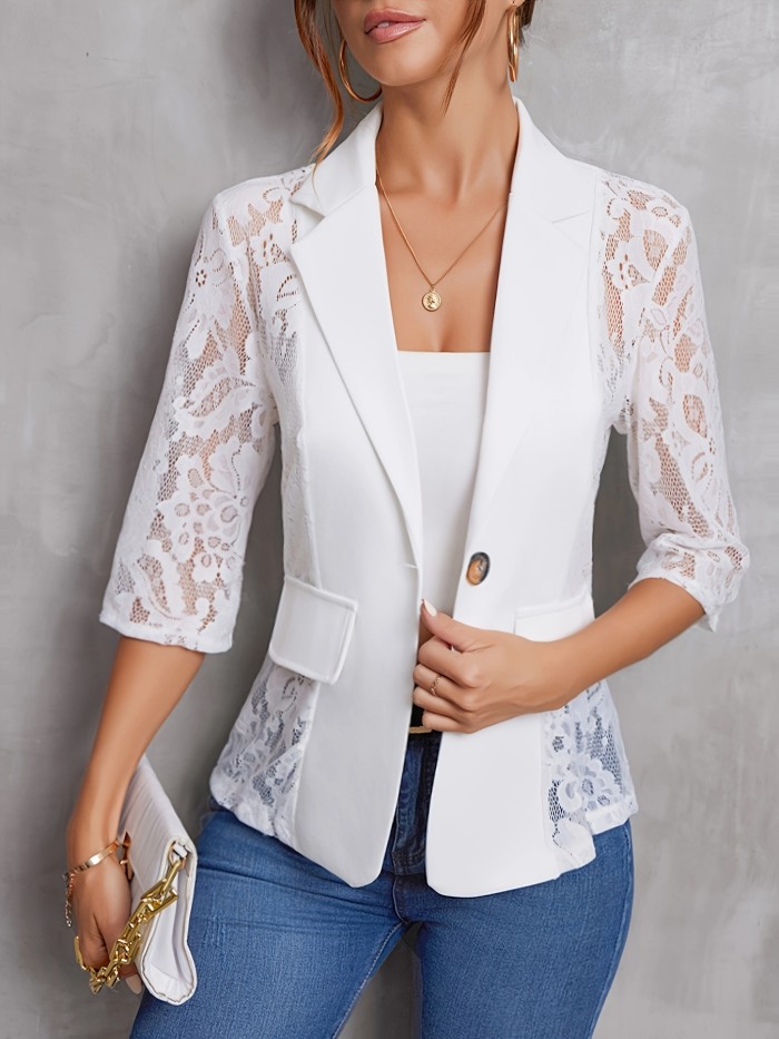 Contrast Lace Open Front Blazer Casual 3\u002F4 Sleeve Blazer For Spring & Fall, Women's Clothing