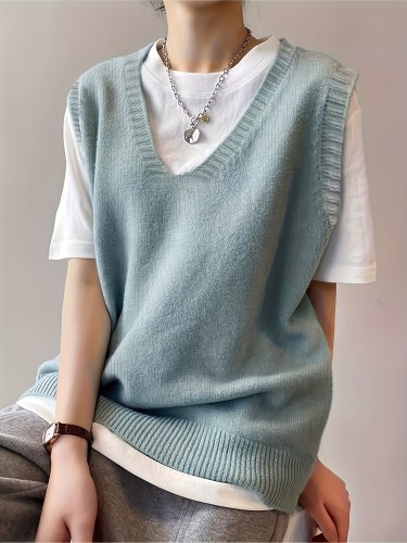 Solid V Neck Sweater Vest, Elegant Sleeveless Vest For Spring & Fall, Women's Clothing