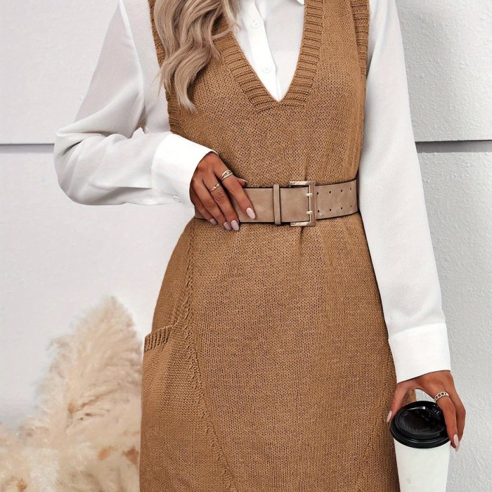 2024 Women's Oversized Sleeveless V-Neck Ribbed Knit Sweater Vest with Pockets