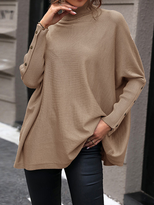 Batwing Sleeves Long Sleeves Buttoned Solid Color Split-Joint High Neck Pullovers Sweater Tops