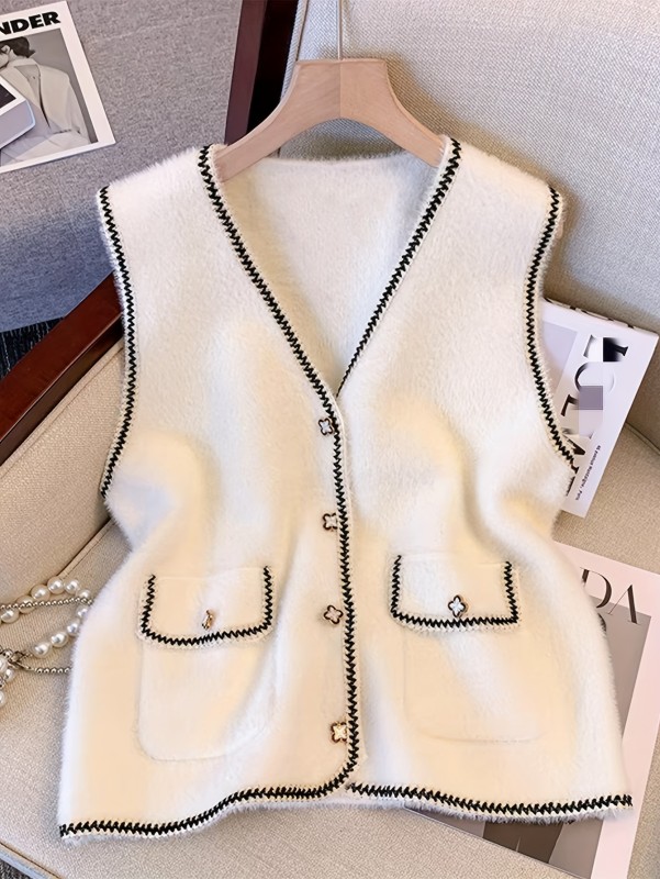 Elegant Chic Knit Vest with Button Detail - V-Neck, Sleeveless Sweater for Women | Perfect for Fall & Winter
