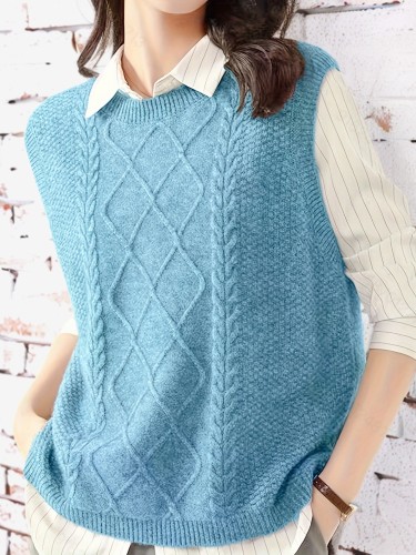 Solid Knitted Sweater Vest, Casual Crew Neck Sleeveless Top For Fall & Winter, Women's Clothing