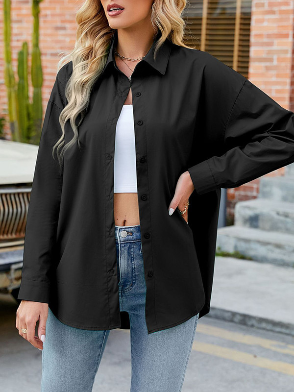 Long Sleeves Loose Buttoned Solid Color Split-Joint Lapel Blouses&Shirts Tops