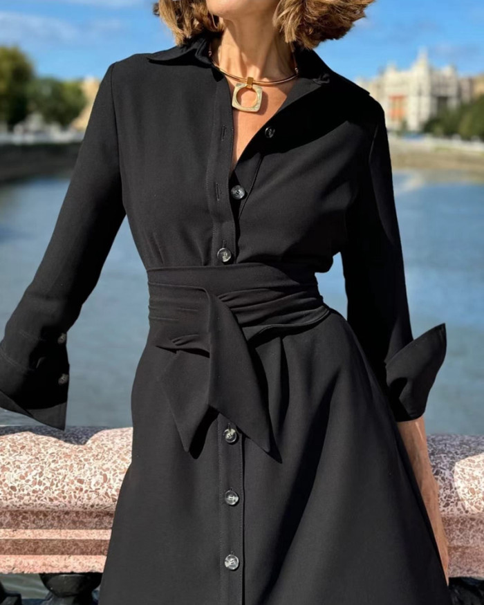 Commuter Solid Color Lapel Shirt Dress
