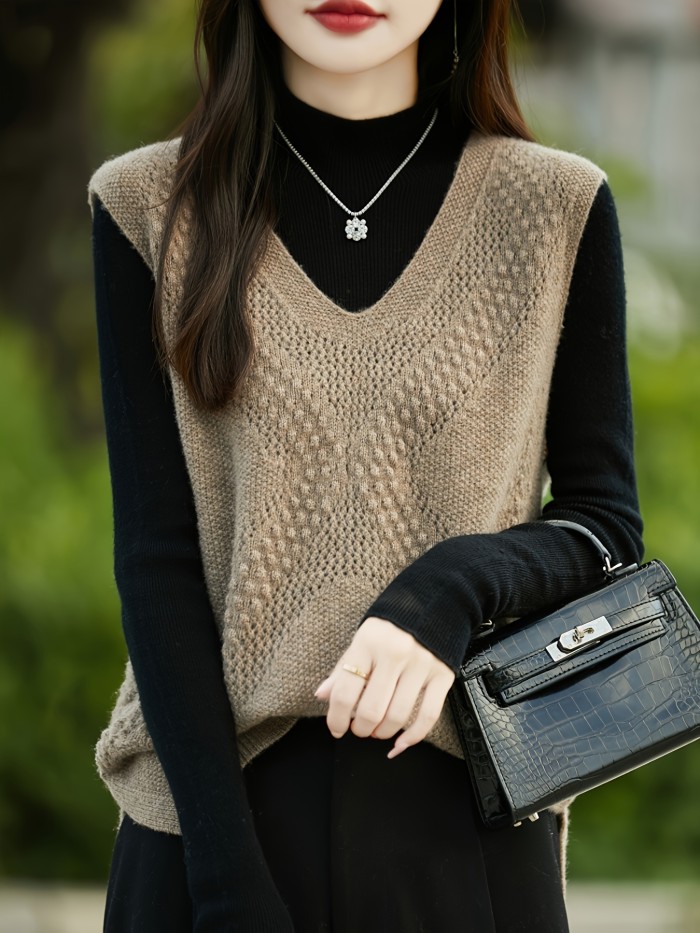 Women's Knitted Sweater Vest Top - V-Neck Hollow-Out Design, Casual Fall\u002FWinter Pullover, Polyester, No Bra Pad, Japanese\u002FKorean Special Collection