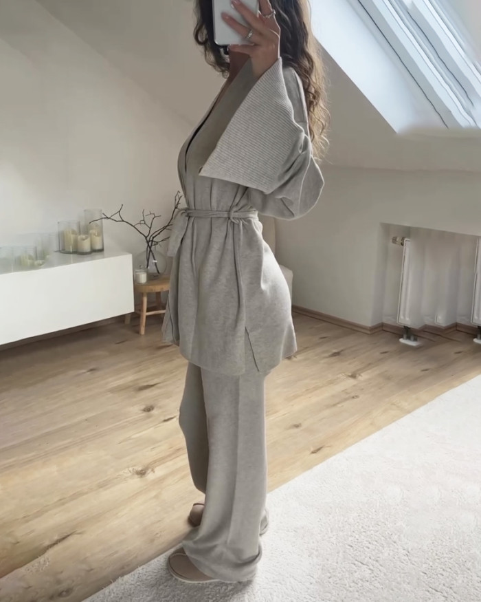 Casual V-Neck Cardigan & Pants Two-Piece Set