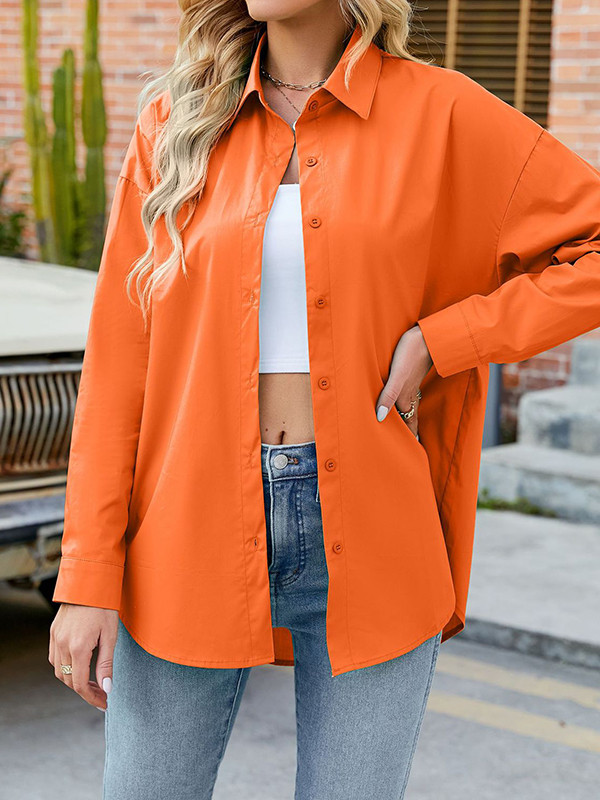 Long Sleeves Loose Buttoned Solid Color Split-Joint Lapel Blouses&Shirts Tops