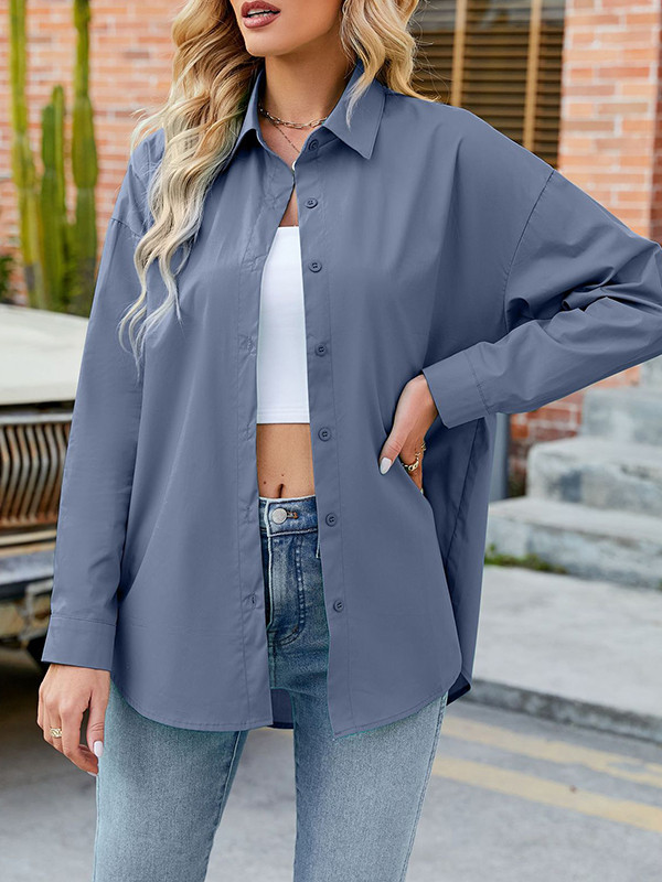 Long Sleeves Loose Buttoned Solid Color Split-Joint Lapel Blouses&Shirts Tops
