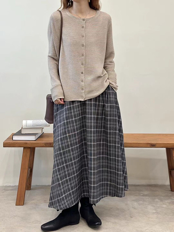 Long Sleeves Buttoned Solid Color Split-Joint Round-Neck Cardigan Tops