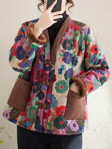 Long Sleeves Loose Buttoned Flower Print Pockets Split-Joint Velvet V-Neck Outerwear Padded Coat