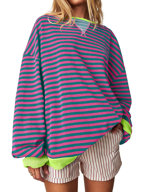 Long Sleeves Loose Contrast Color Split-Joint Striped Round-Neck Sweatshirt Tops