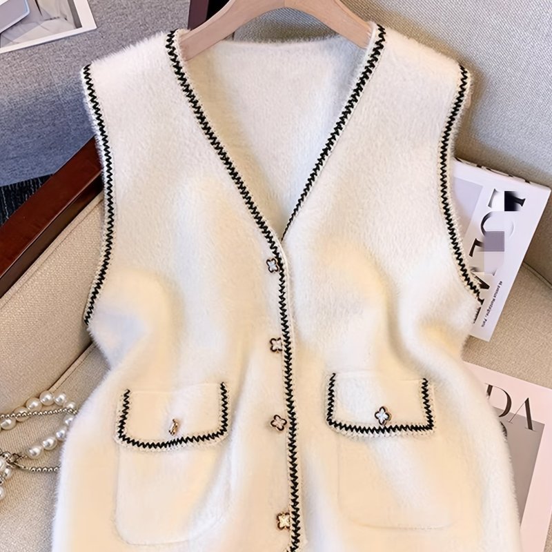Elegant Chic Knit Vest with Button Detail - V-Neck, Sleeveless Sweater for Women | Perfect for Fall & Winter