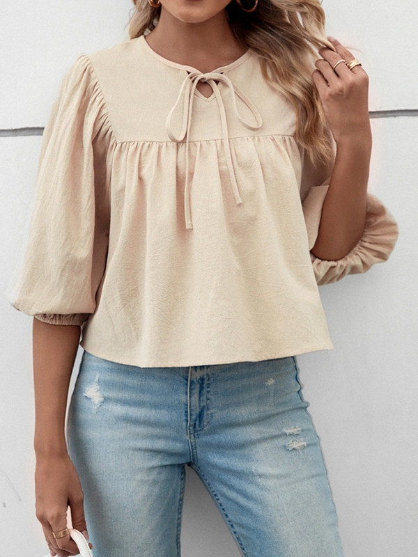 Half Sleeves Loose Elasticity Pleated Solid Color Split-Joint Tied Round-Neck T-Shirts Tops