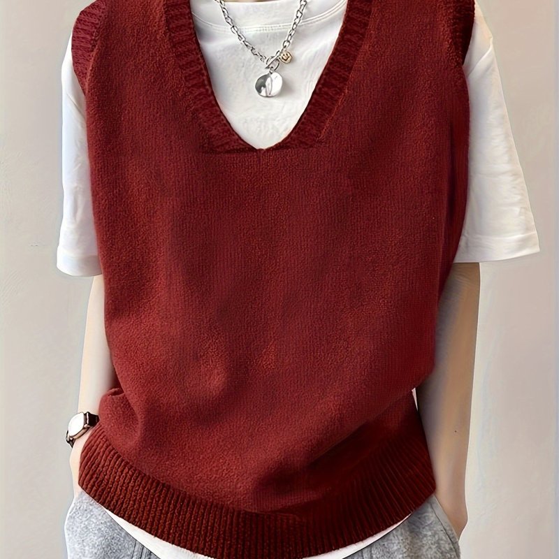 Solid V Neck Sweater Vest, Elegant Sleeveless Vest For Spring & Fall, Women's Clothing