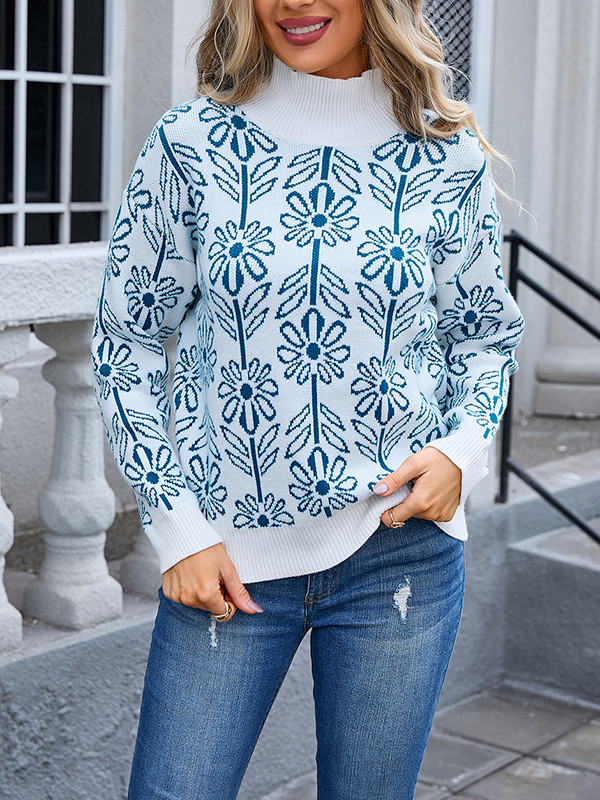 Long Sleeves Loose Contrast Color Jacquard Knitted Flower Split-Joint Mock Neck Pullovers Sweater Tops