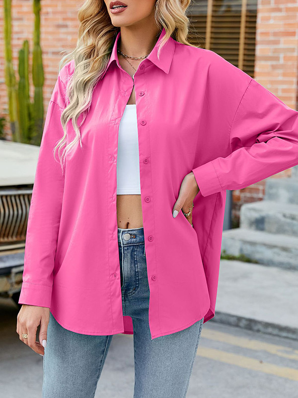 Long Sleeves Loose Buttoned Solid Color Split-Joint Lapel Blouses&Shirts Tops