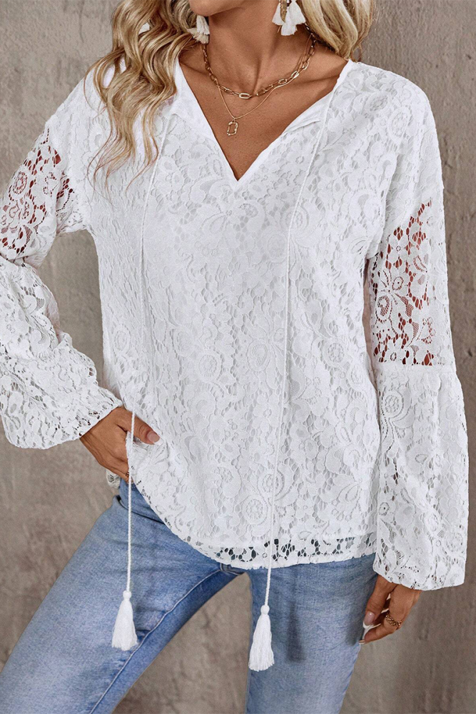 Casual Lace Fringed Trim Hollow Out V Neck Tops(4 Colors)