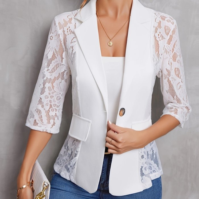 Contrast Lace Open Front Blazer Casual 3\u002F4 Sleeve Blazer For Spring & Fall, Women's Clothing