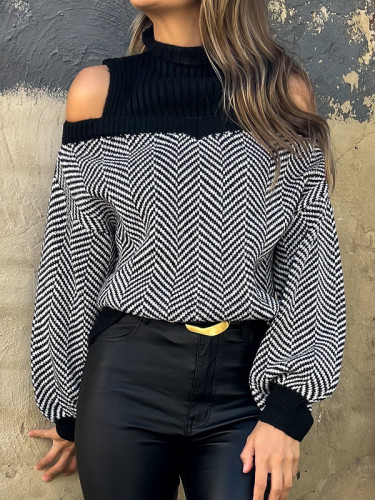 Loose Puff Sleeves Contrast Color Split-Joint Cold Shoulder Sweater Tops