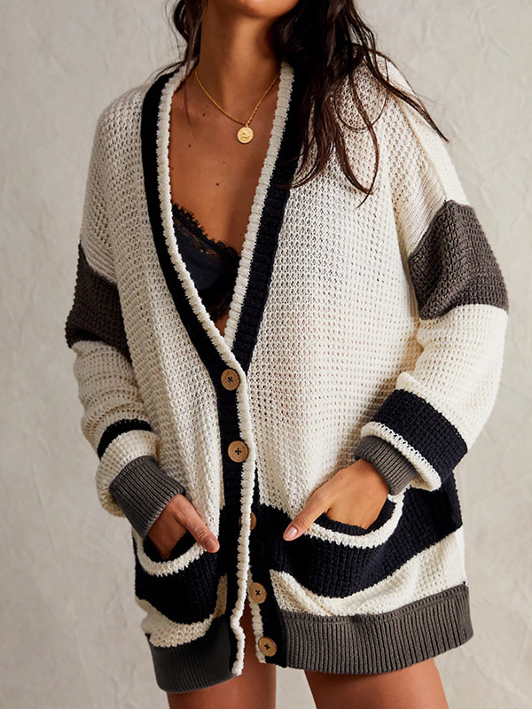Long Sleeves Loose Buttoned Contrast Color Pockets Split-Joint V-Neck Cardigan Tops