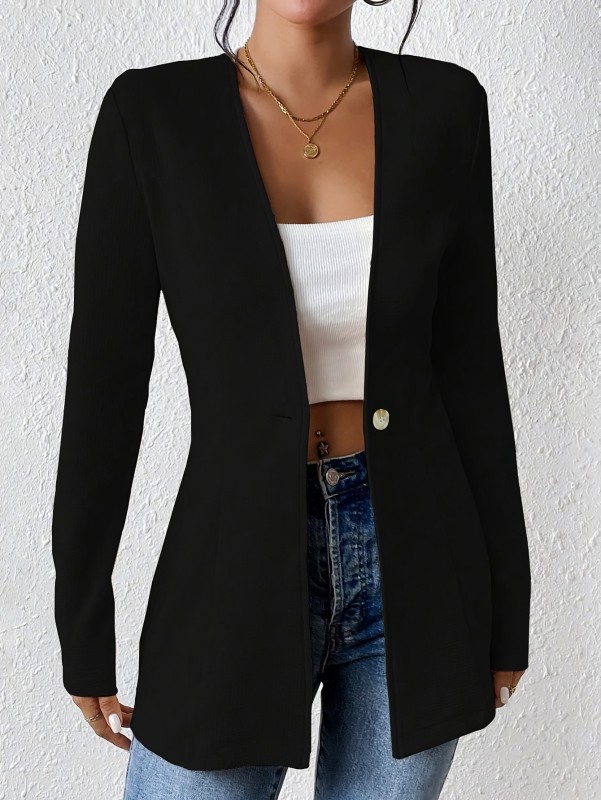 Elegant Solid Color Blazer For Women - Single Button, Long Sleeve, Open Front Outerwear With Stretch Fabric