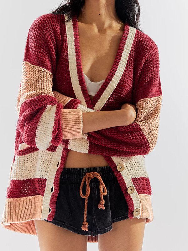 Long Sleeves Loose Buttoned Contrast Color Pockets Split-Joint V-Neck Cardigan Tops