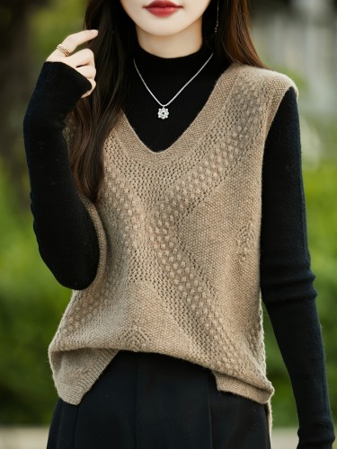 Women's Knitted Sweater Vest Top - V-Neck Hollow-Out Design, Casual Fall\u002FWinter Pullover, Polyester, No Bra Pad, Japanese\u002FKorean Special Collection