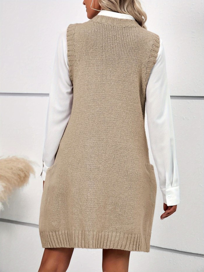2024 Women's Oversized Sleeveless V-Neck Ribbed Knit Sweater Vest with Pockets