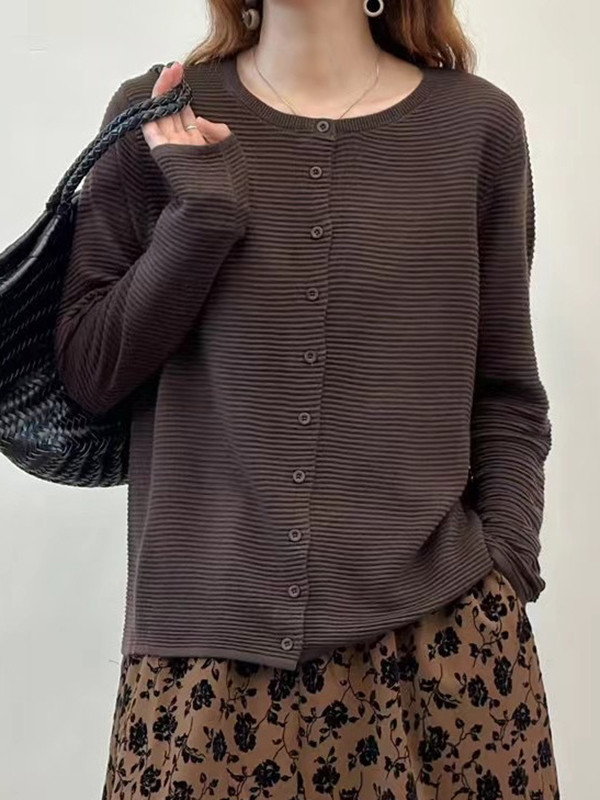 Long Sleeves Buttoned Solid Color Split-Joint Round-Neck Cardigan Tops