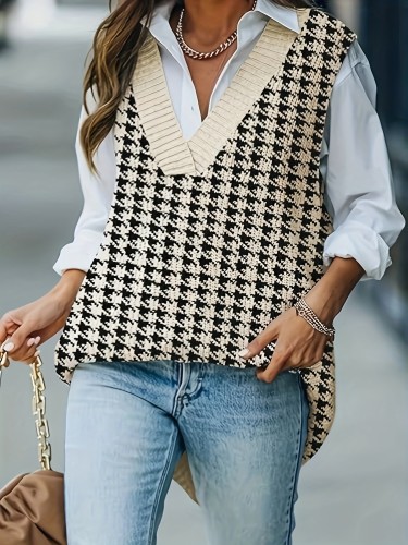 Elegant Houndstooth Pullover Sweater for Women, 100% Acrylic Knit Fabric, V-neck Sleeveless Vest, All Season Versatile Style