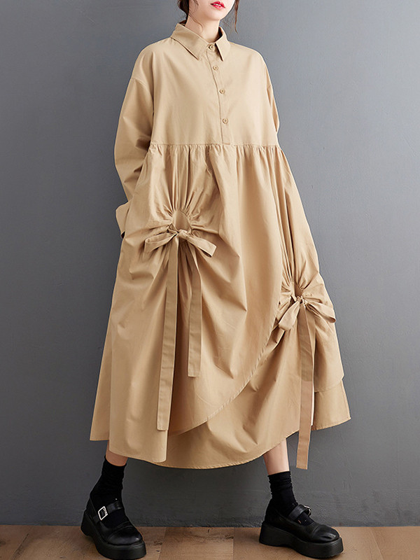 A-Line Long Sleeves Buttoned Pleated Pockets Solid Color Tied Lapel Midi Dresses Shirt Dress