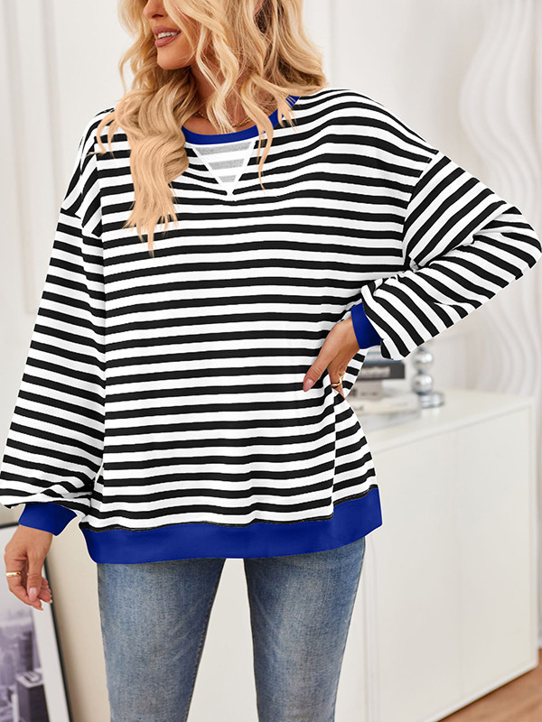 Long Sleeves Loose Contrast Color Split-Joint Striped Round-Neck Sweatshirt Tops