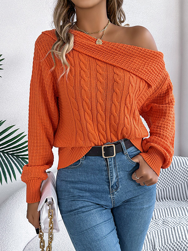 Long Sleeves Loose Asymmetric Solid Color Split-Joint One-Shoulder Pullovers Sweater Tops