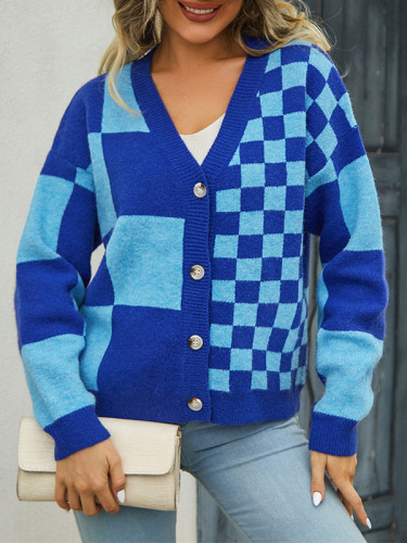 Long Sleeves Loose Buttoned Contrast Color Plaid Split-Joint V-Neck Cardigan Tops