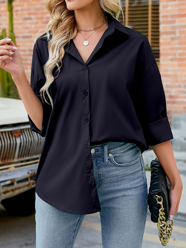 Long Sleeves Loose Buttoned Solid Color Split-Joint Lapel Blouses&Shirts Tops