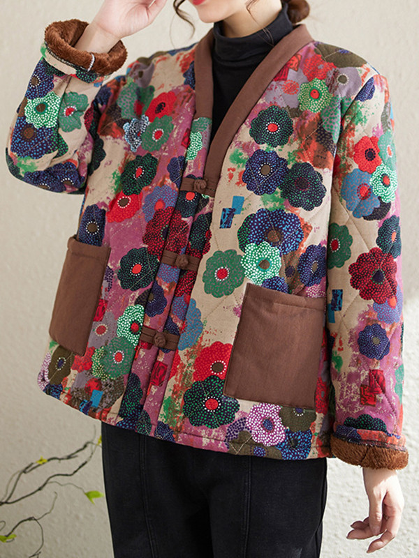 Long Sleeves Loose Buttoned Flower Print Pockets Split-Joint Velvet V-Neck Outerwear Padded Coat
