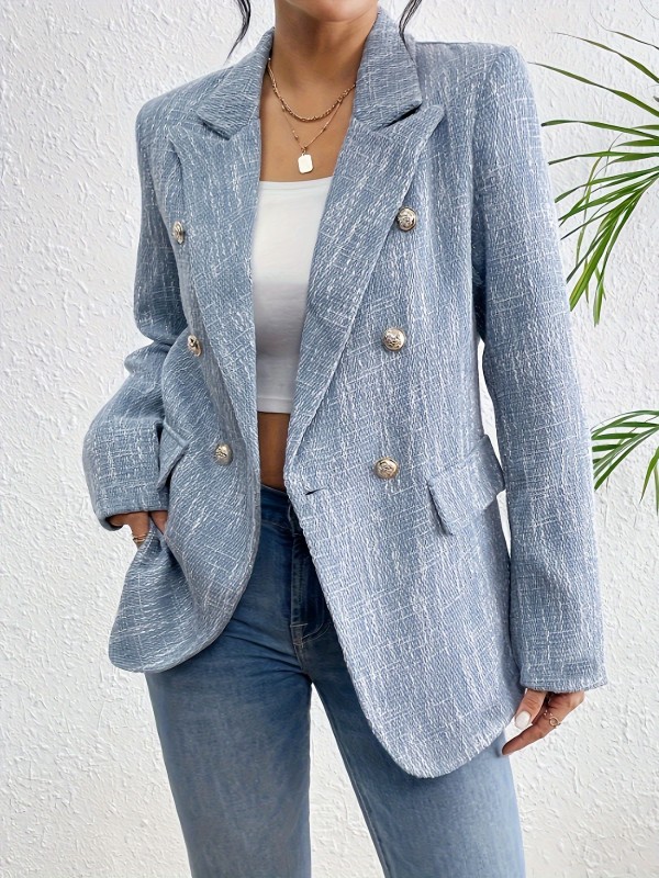Solid Color Double Button Blazer, Stylish Lapel Collar Long Sleeve Blazer For Spring & Fall, Women's Clothing