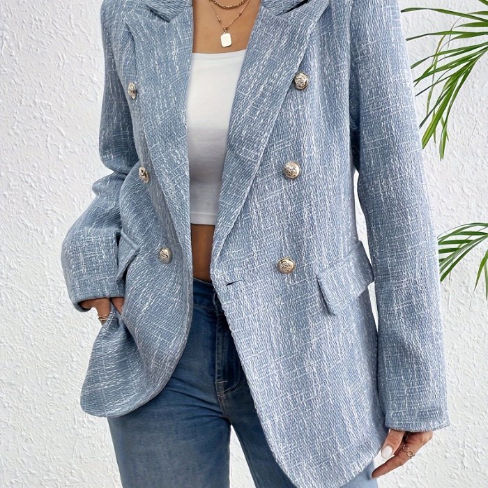 Solid Color Double Button Blazer, Stylish Lapel Collar Long Sleeve Blazer For Spring & Fall, Women's Clothing