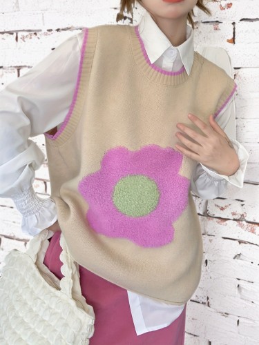 Floral Pattern Crew Neck Knitted Vest, Casual Sleeveless Loose Sweater Vest, Women's Clothing
