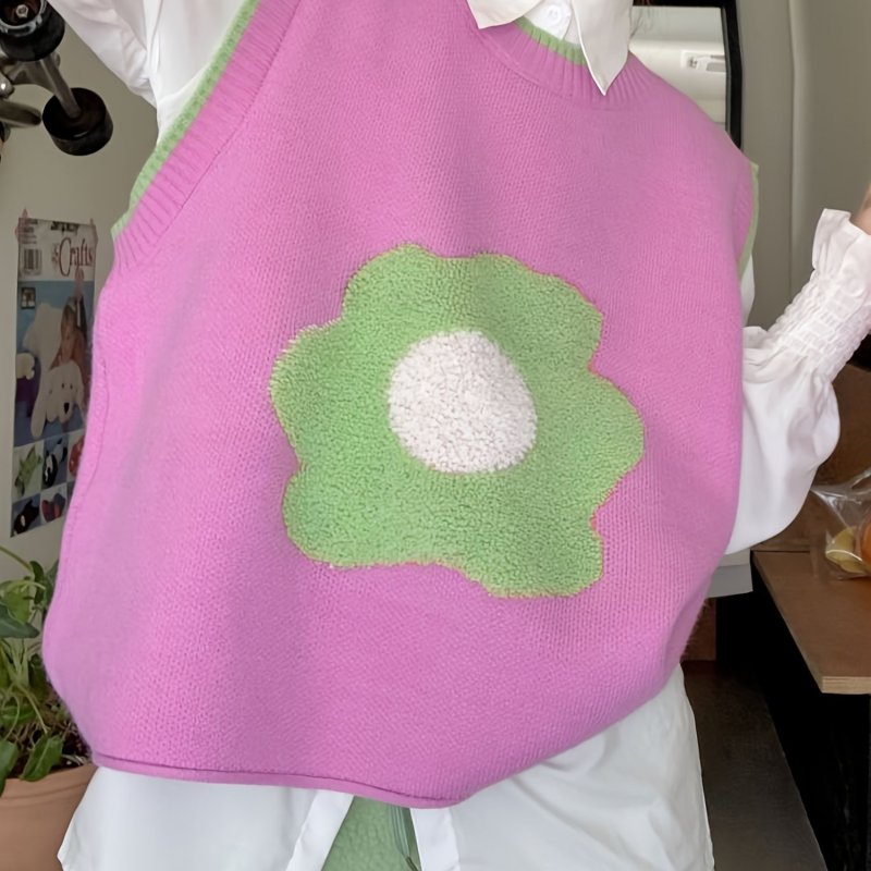 Floral Pattern Crew Neck Knitted Vest, Casual Sleeveless Loose Sweater Vest, Women's Clothing