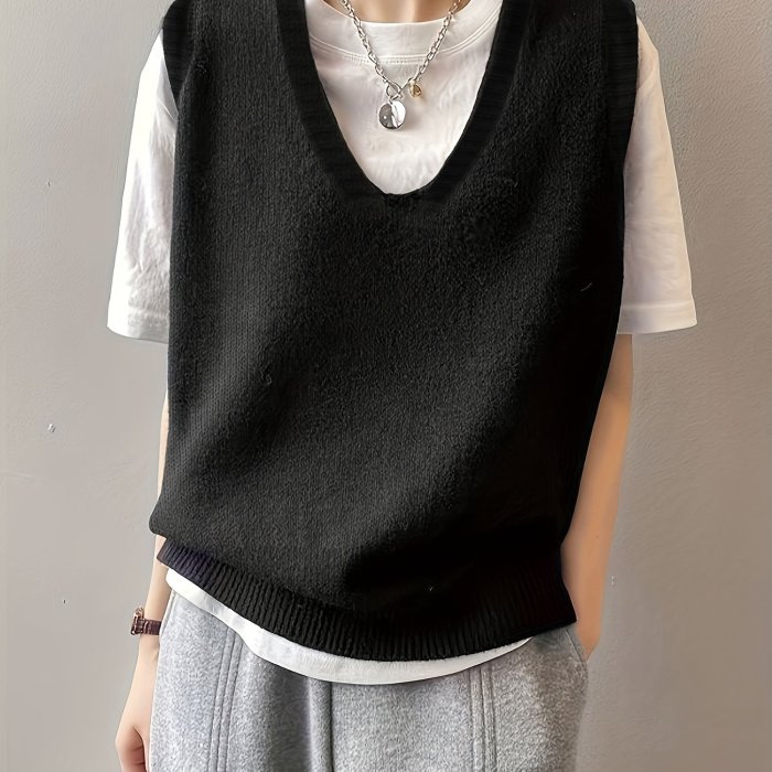Solid V Neck Sweater Vest, Elegant Sleeveless Vest For Spring & Fall, Women's Clothing