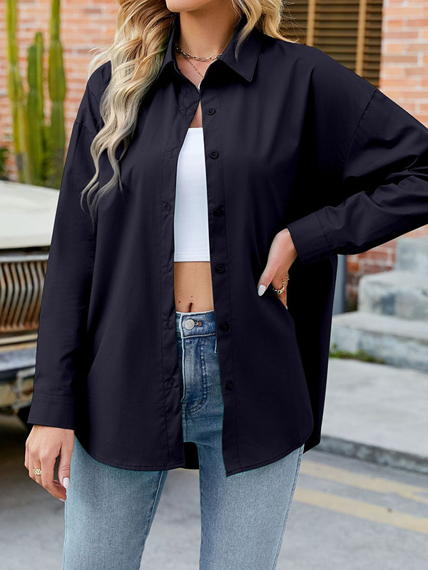 Long Sleeves Loose Buttoned Solid Color Split-Joint Lapel Blouses&Shirts Tops