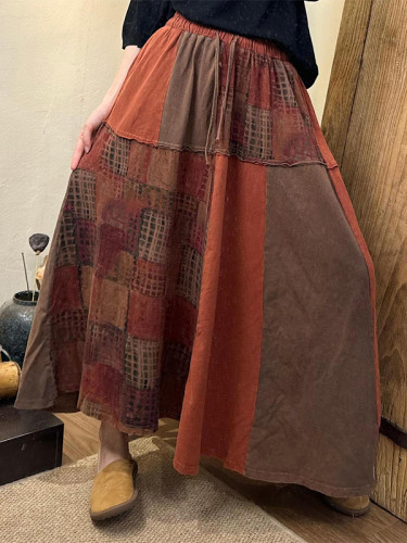 A-Line Loose Contrast Color Drawstring Elasticity Plaid Split-Joint Skirts Bottoms