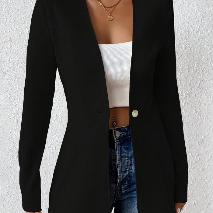 Elegant Solid Color Blazer For Women - Single Button, Long Sleeve, Open Front Outerwear With Stretch Fabric
